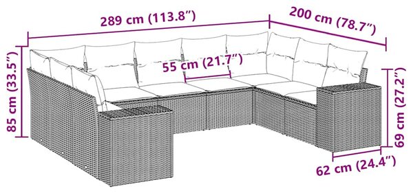 9 részes fekete polyrattan kerti ülőgarnitúra párnákkal