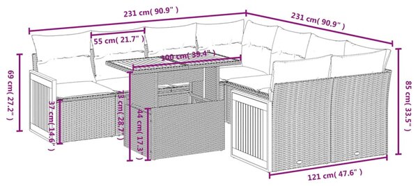 9 részes fekete polyrattan kerti ülőgarnitúra párnákkal