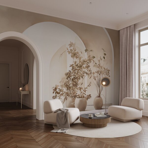 Fotótapéta Növények cserépben, bézs tónusú absztrakt ívek előtt, minimalista stílusban, elegáns és tiszta,, 3d fotótapéta, w09013 : Uwalls.hu