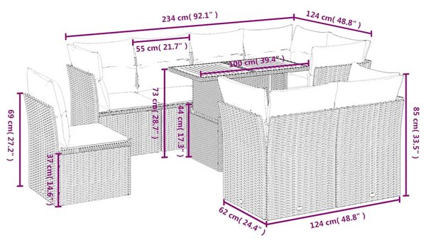 9 részes bézs polyrattan kerti ülőgarnitúra párnákkal