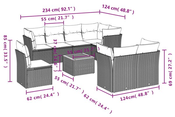 9 részes fekete polyrattan kerti ülőgarnitúra párnákkal