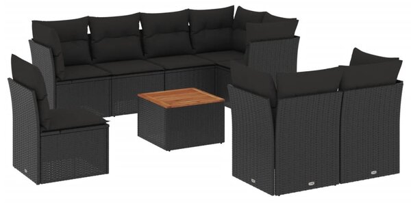 9 részes fekete polyrattan kerti ülőgarnitúra párnákkal