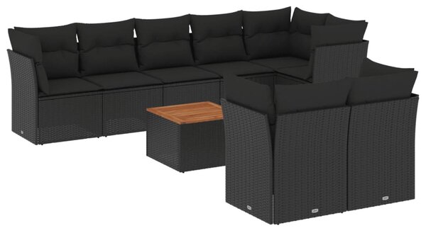 9 részes fekete polyrattan kerti ülőgarnitúra párnákkal