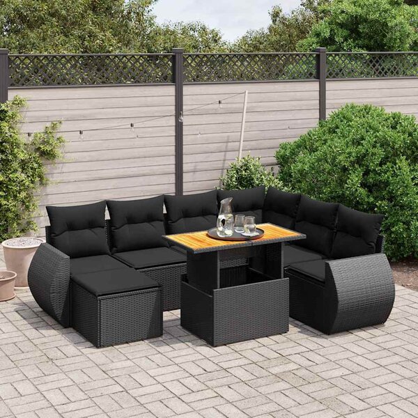 8 részes fekete polyrattan kerti ülőgarnitúra párnákkal