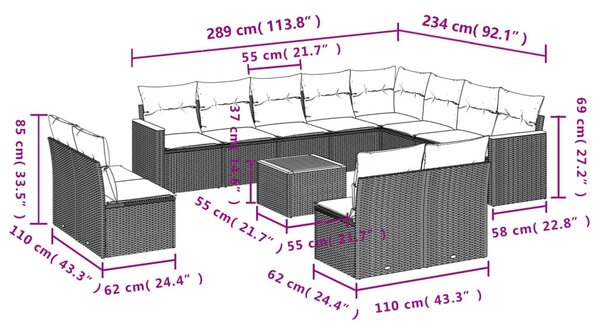 13 részes fekete polyrattan kerti ülőgarnitúra párnákkal
