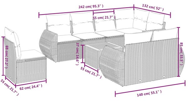 9 részes bézs polyrattan kerti ülőgarnitúra párnákkal