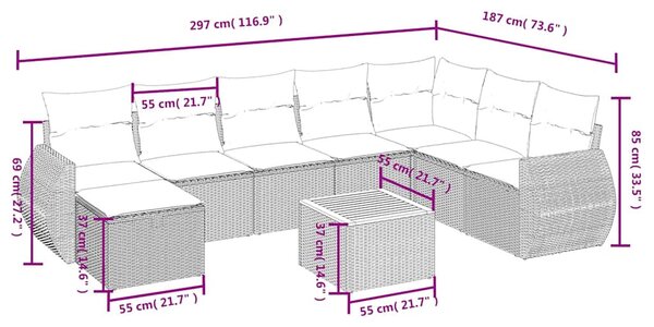 9 részes fekete polyrattan kerti ülőgarnitúra párnákkal
