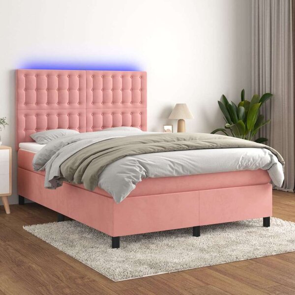 VidaXL rózsaszín bársony rugós és LED-es ágy matraccal 140x200 cm