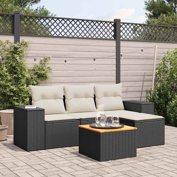 5 részes fekete polyrattan kerti kanapészett párnákkal