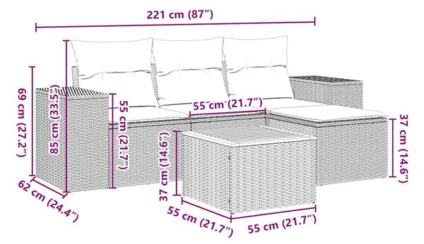 5 részes fekete polyrattan kerti kanapészett párnákkal