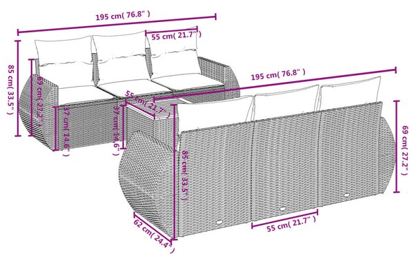 7 részes fekete polyrattan kerti ülőgarnitúra párnával