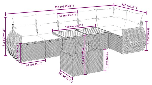 7 részes bézs polyrattan kerti ülőgarnitúra párnákkal