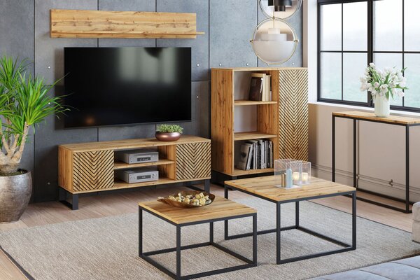 Focus loft RTV szekrény 135 cm - halszálkás dekor - tölgyfa kézműves