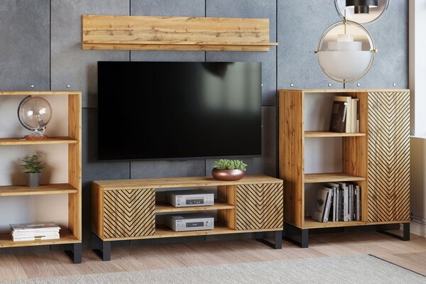 Focus loft RTV szekrény 135 cm - halszálkás dekor - tölgyfa kézműves