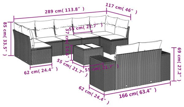 10 részes szürke polyrattan kerti ülőgarnitúra párnákkal