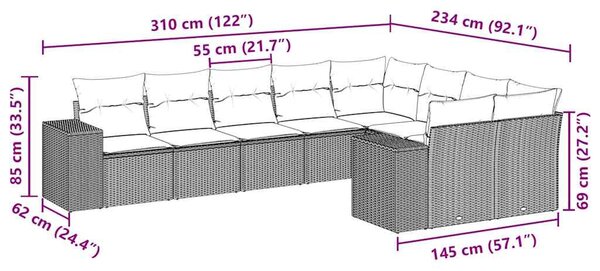 9 részes fekete polyrattan kerti ülőgarnitúra párnákkal