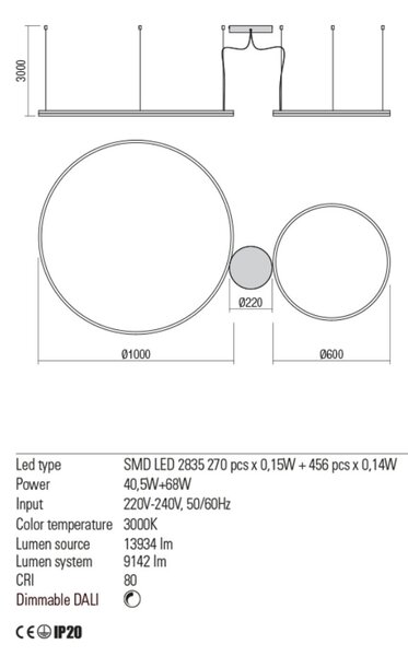 Minimál LED csillár, fekete, ORBIT, ?100-?60cm, DALI