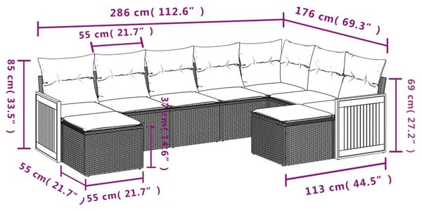 9 részes fekete polyrattan kerti ülőgarnitúra párnákkal