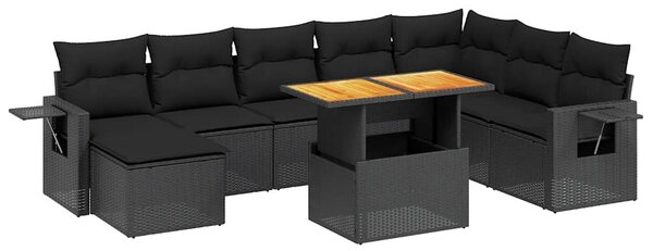 9 részes fekete polyrattan kerti ülőgarnitúra párnákkal