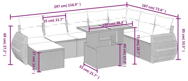 9 részes bézs polyrattan kerti ülőgarnitúra párnákkal