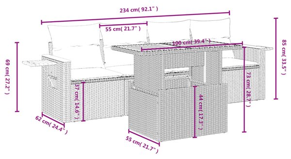 5 részes fekete polyrattan kerti kanapészett párnákkal