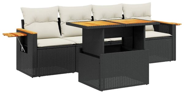 5 részes fekete polyrattan kerti kanapészett párnákkal