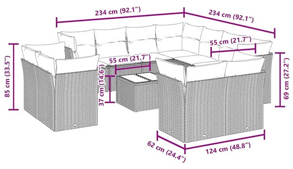12 részes fekete polyrattan kerti ülőgarnitúra párnákkal