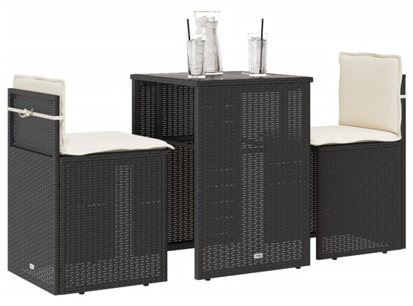 3 részes fekete polyrattan bisztrógarnitúra párnával