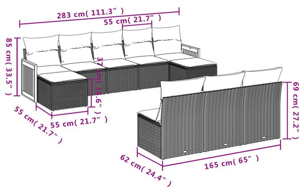 10 részes bézs polyrattan kerti ülőgarnitúra párnával
