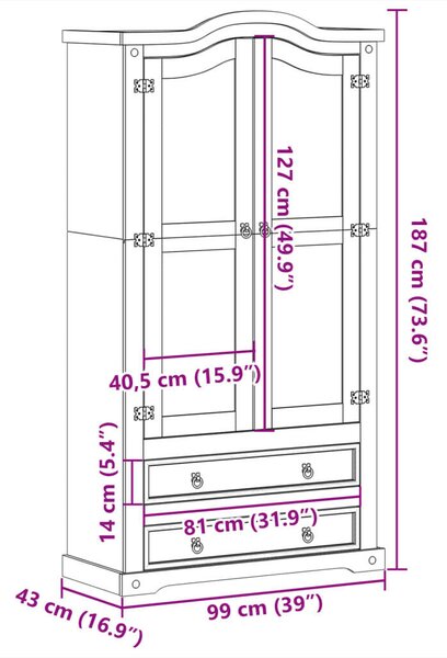 VidaXL Corona tömör fenyőfa vitrinszekrény 99x43x187 cm