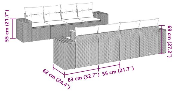 9 részes fekete polyrattan kerti ülőgarnitúra párnákkal