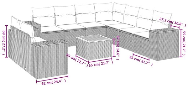 10 részes szürke polyrattan kerti ülőgarnitúra párnákkal