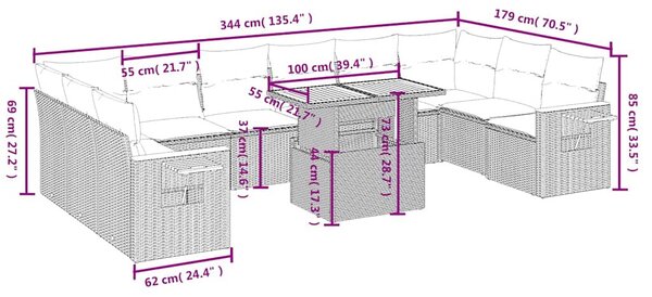 11 részes fekete polyrattan kerti ülőgarnitúra párnákkal