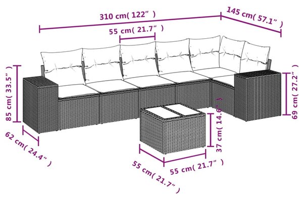 7 részes fekete polyrattan kerti ülőgarnitúra párnával