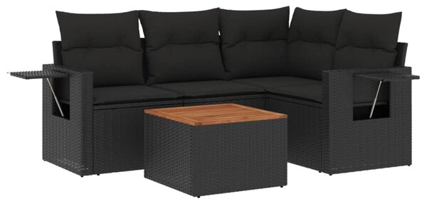 5 részes fekete polyrattan kerti kanapészett párnákkal