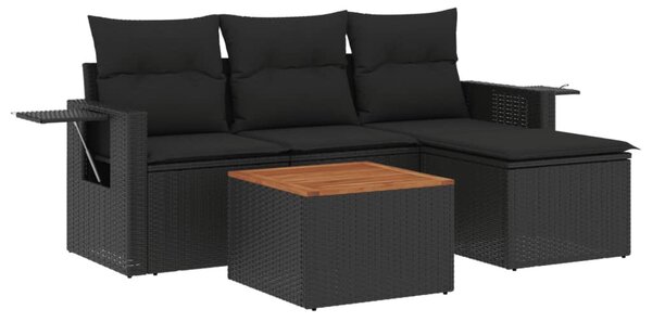 5 részes fekete polyrattan kerti kanapészett párnákkal