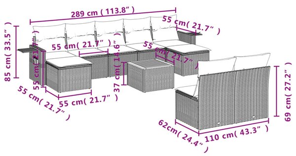10 részes fekete polyrattan kerti ülőgarnitúra párnákkal
