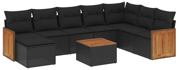 9 részes fekete polyrattan kerti ülőgarnitúra párnákkal