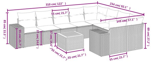 10 részes fekete polyrattan kerti ülőgarnitúra párnákkal