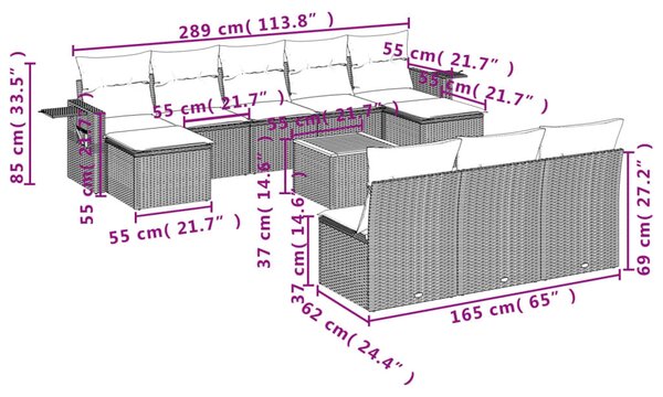 11 részes fekete polyrattan kerti ülőgarnitúra párnákkal