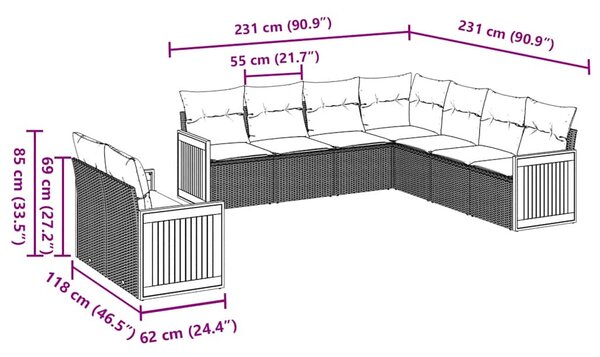 9 részes fekete polyrattan kerti ülőgarnitúra párnákkal