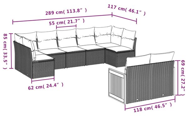 9 részes fekete polyrattan kerti ülőgarnitúra párnákkal