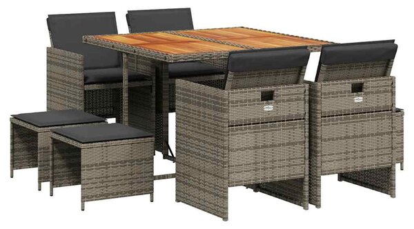 9 részes szürke polyrattan kerti étkezőgarnitúra párnával