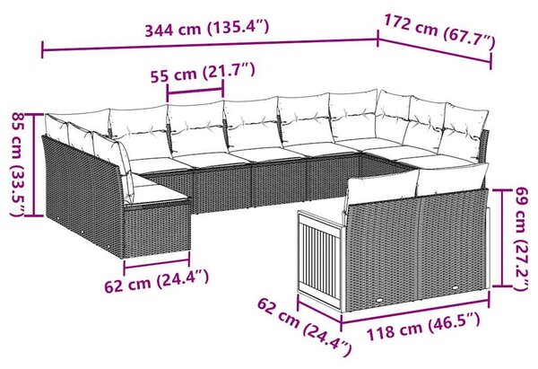 12 részes fekete polyrattan kerti ülőgarnitúra párnákkal