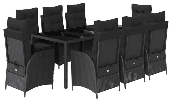 9 részes fekete polyrattan kerti étkezőgarnitúra párnákkal