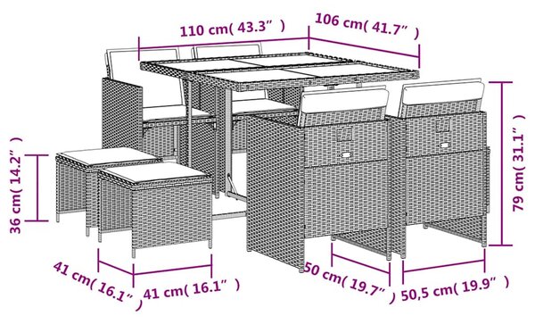 9 részes szürke polyrattan kerti étkezőgarnitúra párnával
