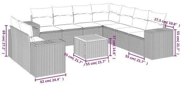 10 részes fekete polyrattan kerti ülőgarnitúra párnákkal