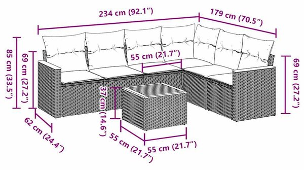 7 részes fekete polyrattan kerti ülőgarnitúra párnával