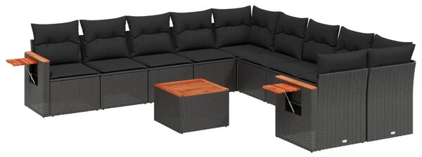 11 részes fekete polyrattan kerti ülőgarnitúra párnákkal