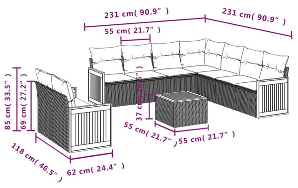 10 részes bézs polyrattan kerti ülőgarnitúra párnával